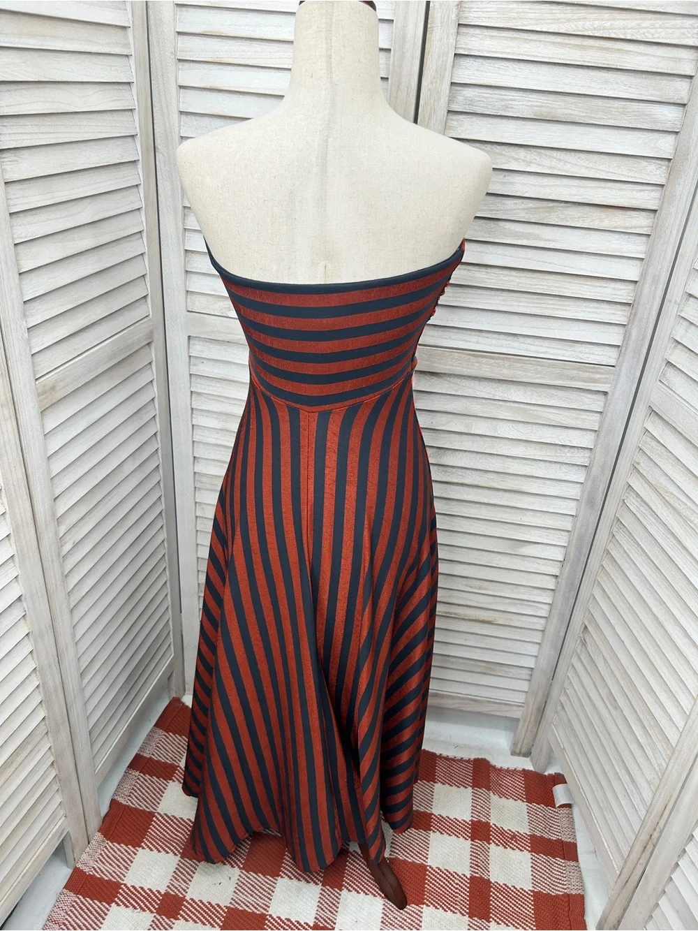 Strapless A-Line Midi Dress in Rust and Navy Stripes